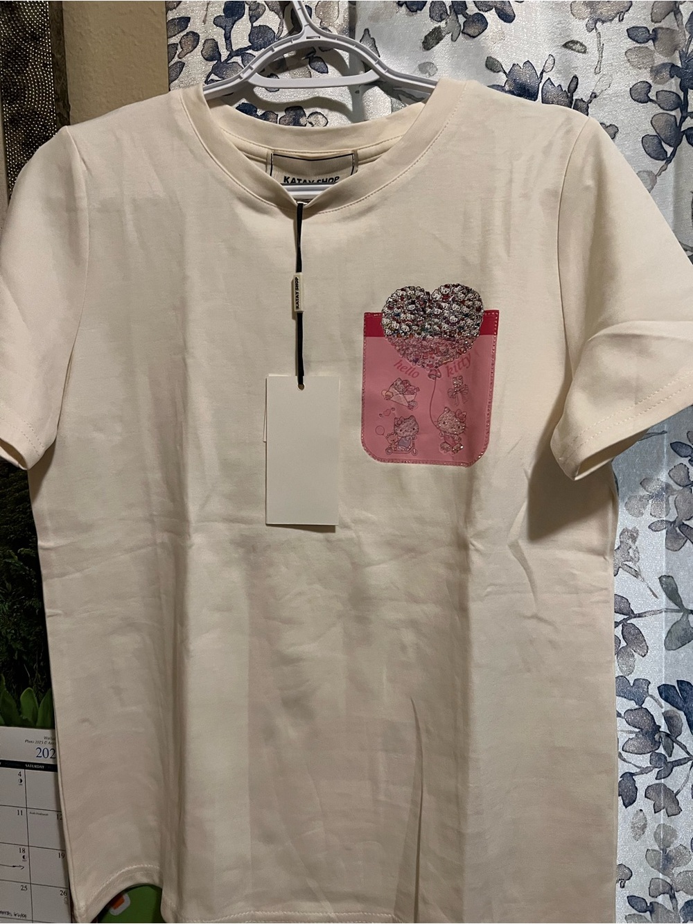 Hello Kitty Rhinestone Embellished Pocket White Tee Shirt